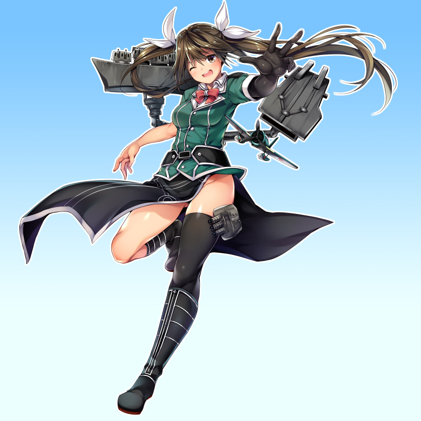 1girl absurdres asymmetrical_legwear black_gloves black_legwear brown_hair elbow_gloves full_body gloves hair_ribbon highres jacket kantai_collection one_eye_closed pelvic_curtain remodel_(kantai_collection) ribbon rigging ruri_rarako side_slit single_elbow_glove single_glove single_thighhigh solo standing standing_on_one_leg thigh-highs tone_(kantai_collection) turret twintails white_ribbon