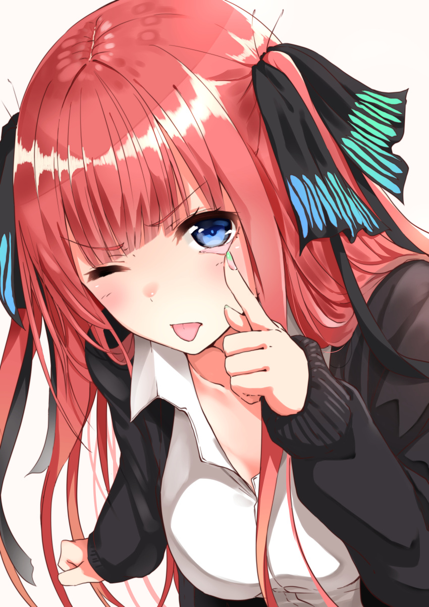 1girl :p absurdres black_bow black_jacket blue_eyes blush bow breasts clenched_hand closed_eyes collared_shirt commentary_request eyebrows_visible_through_hair fingernails fuu_(fuore) go-toubun_no_hanayome green_nails hair_bow hand_up highres index_finger_raised jacket large_breasts long_hair long_sleeves looking_at_viewer nail_polish nakano_nino one_eye_closed popped_collar redhead shirt solo tongue tongue_out two_side_up upper_body white_shirt
