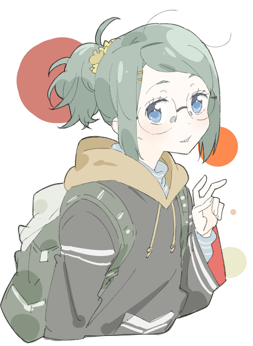 1girl absurdres backpack bag blue_eyes copyright_request cropped_torso donguri_suzume glasses green_hair hair_ornament hair_scrunchie hand_up highres hood hood_down hoodie long_hair long_sleeves looking_at_viewer messy_hair parted_lips ponytail round_eyewear scrunchie short_hair smile solo sweater upper_body very_long_hair