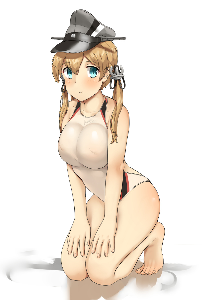 1girl absurdres alternate_costume anchor barefoot blonde_hair blue_eyes breasts closed_mouth collarbone fingernails hair_between_eyes hat highres kantai_collection large_breasts long_hair low_twintails one-piece_swimsuit peaked_cap prinz_eugen_(kantai_collection) simple_background solo soushou_nin swimsuit toes twintails white_background