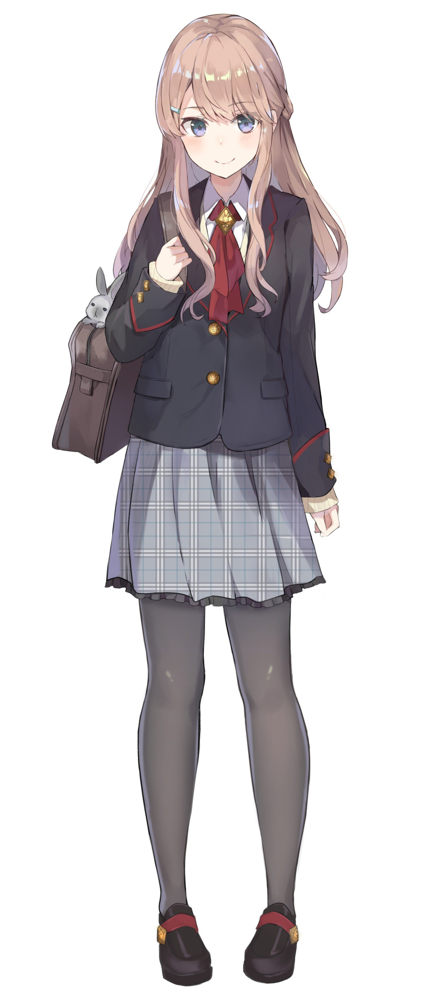 1girl absurdres bag black_footwear black_jacket black_legwear blonde_hair blue_eyes eyebrows_visible_through_hair full_body hair_ornament hairclip highres jacket kusumoto_touka loafers long_hair neckerchief original pantyhose plaid plaid_skirt red_neckwear school_bag school_uniform shoes sidelocks simple_background skirt smile solo white_background