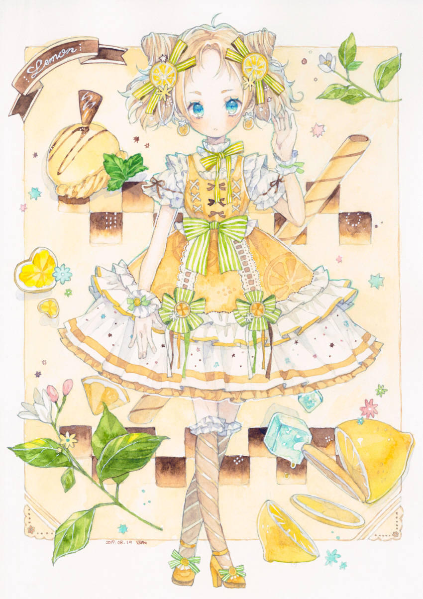 1girl absurdres ahoge ankle_strap beige_legwear blue_eyes bow collar commentary_request dated detached_collar double_bun dress earrings flower food food_themed_earrings food_themed_hair_ornament frilled_collar frilled_cuffs frilled_dress frills fruit full_body green_bow hair_bow hair_ornament hand_up high_heels highres ice ice_cream ice_cube jewelry kneehighs legs_crossed lemon lemon_earrings lemon_hair_ornament lemon_slice looking_at_viewer necklace original pearl_necklace short_sleeves signature solo star striped striped_bow striped_legwear striped_neckwear traditional_media twintails uni_(setsuna_gumi39) watercolor_(medium) watson_cross wrist_cuffs yellow_dress yellow_footwear