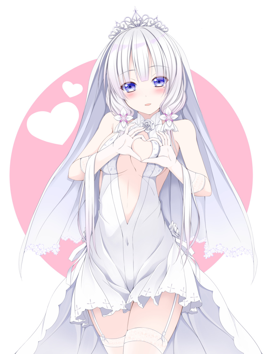 1girl :d azur_lane bare_shoulders blush breasts bridal_veil center_opening cleavage covered_navel cowboy_shot dress elbow_gloves eyebrows_visible_through_hair garter_straps gloves heart heart-shaped_boob_challenge highres illustrious_(azur_lane) looking_at_viewer medium_breasts mole mole_under_eye open_mouth short_hair_with_long_locks sidelocks silver_hair sleeveless sleeveless_dress smile solo standing thigh-highs tiara tomosuke two-tone_background veil white_dress white_gloves white_legwear zettai_ryouiki