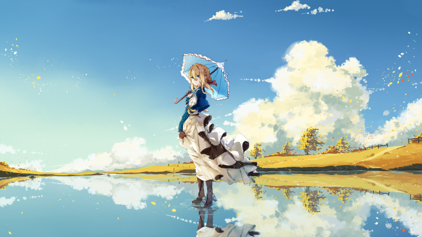 1girl bangs blonde_hair blue_eyes blue_jacket boots braid brooch brown_footwear clouds dress fence gloves hair_between_eyes hair_intakes hair_ribbon high_heel_boots high_heels highres holding holding_umbrella horizon jacket jewelry jin_yun lake long_skirt long_sleeves looking_to_the_side outdoors parasol red_ribbon reflection ribbon ripples skirt sky solo tree umbrella violet_evergarden violet_evergarden_(character) walking walking_on_liquid water white_skirt wind