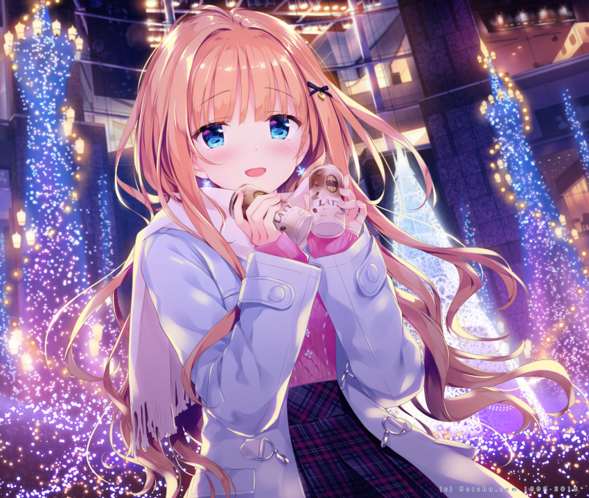 1girl :d black_bow black_skirt blue_eyes blush bow can canned_coffee coat fringe hair_bow hands_up heart high-waist_skirt highres holding holding_can kimishima_ao lamppost light_brown_hair lights long_hair long_sleeves looking_at_viewer night open_clothes open_coat open_mouth original outdoors pink_sweater plaid plaid_skirt pleated_skirt purple_coat saijo_melia scarf skirt sleeves_past_wrists smile solo sweater very_long_hair white_scarf window
