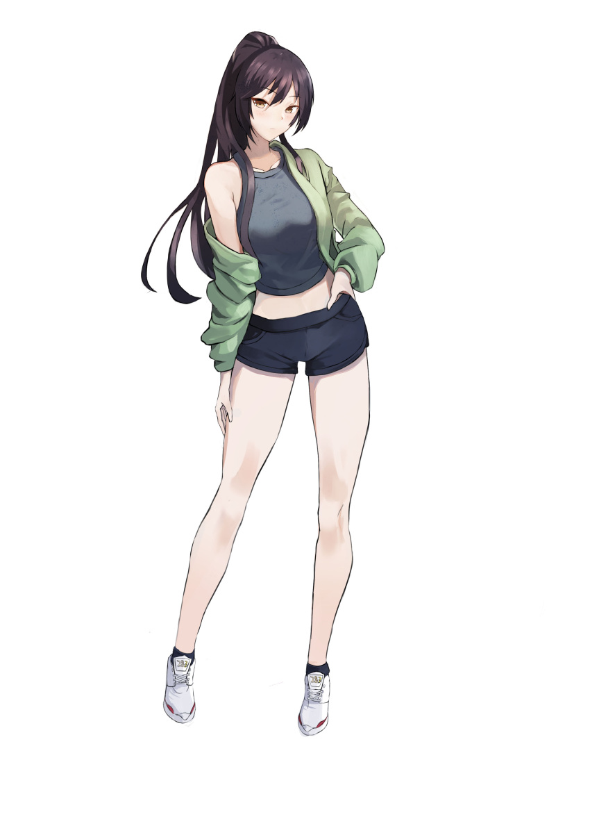 1girl absurdres bare_shoulders black_hair black_legwear breasts casual eyebrows_visible_through_hair green_sweater hand_on_hip hand_on_leg highres idolmaster idolmaster_shiny_colors k1np long_hair looking_at_viewer midriff off_shoulder open_clothes ponytail shirase_sakuya shirt shoes short short_shorts shorts sneakers solo sweater tank_top yellow_eyes