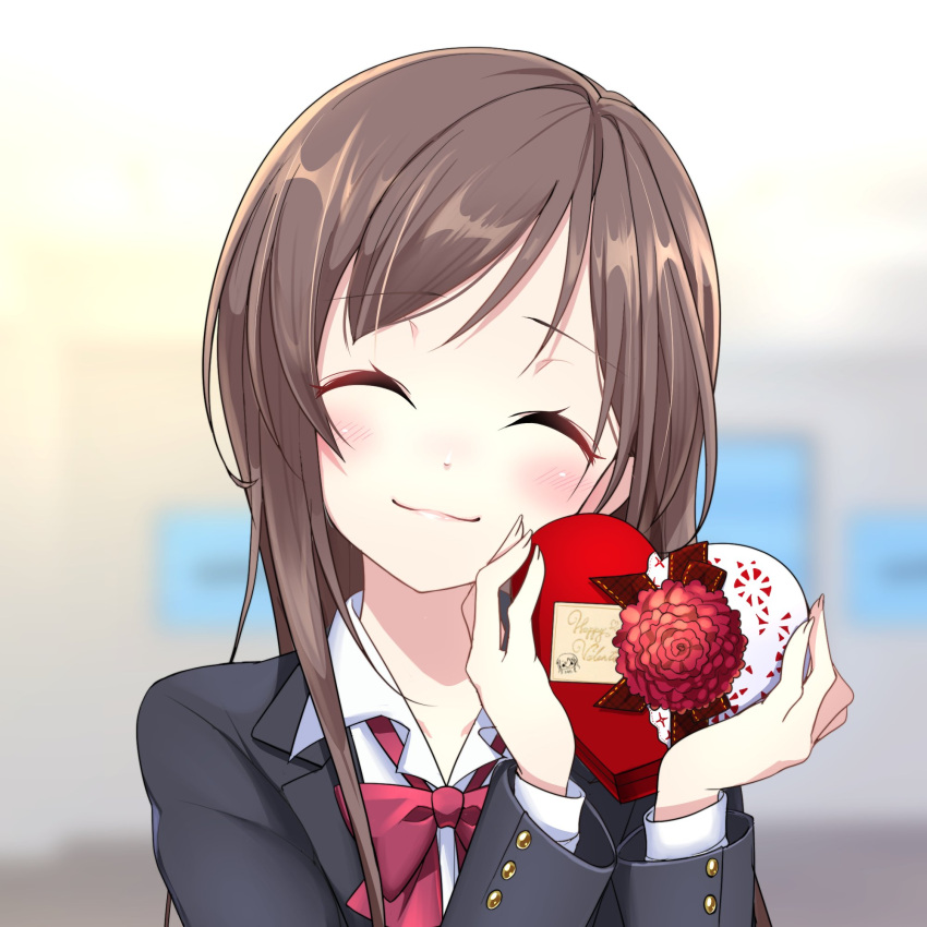 1girl black_blazer blurry blurry_background blush bow bowtie box brown_hair closed_eyes eyebrows_visible_through_hair gift gift_box head_tilt heart-shaped_box highres holding holding_box iwamotochou_geinousha long_hair red_bow red_neckwear school_uniform shirafuji_tamaki shirt smile solo uniform upper_body valentine white_shirt