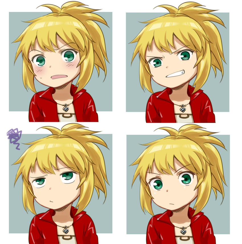 1girl aoba_(smartbeat) aqua_eyes blonde_hair blush expressions fate/grand_order fate_(series) grin jacket jewelry mordred_(fate) mordred_(fate)_(all) multiple_views necklace red_jacket short_hair short_ponytail smile spiky_hair sweatdrop younger