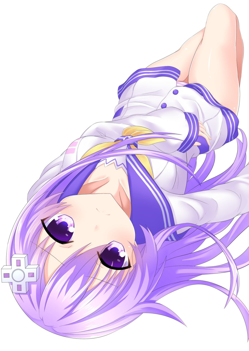 1girl ayame_shino bare_legs breasts d-pad d-pad_hair_ornament dress frown hair_ornament highres long_hair looking_at_viewer lying medium_breasts nepgear neptune_(series) on_back panties pantyshot sailor_dress simple_background solo underwear upside-down white_background