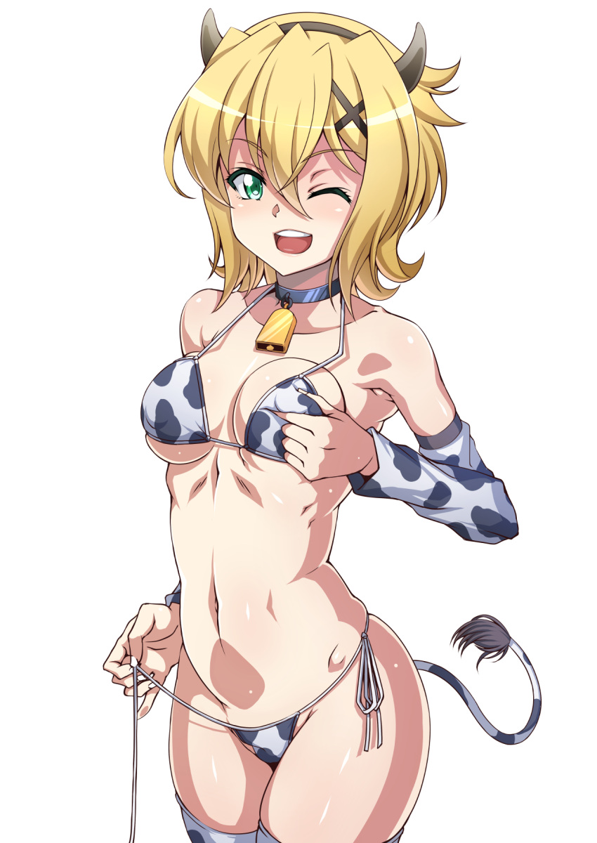 1girl akatsuki_kirika animal_print bare_shoulders bell bikini blonde_hair blush breast_squeeze breasts collar commentary_request covered_nipples cow_bell cow_horns cow_print cow_tail cowboy_shot green_eyes hair_between_eyes hair_ornament highres horns legs_together looking_at_viewer medium_breasts navel one_eye_closed open_mouth print_bikini senki_zesshou_symphogear shiny shiny_hair shiny_skin short_hair shunzou simple_background skindentation solo standing swimsuit tail teeth thigh-highs undressing untied untied_bikini white_background x_hair_ornament