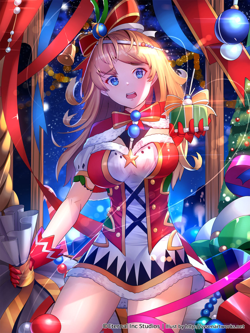 1girl bell blue_eyes breasts brown_hair capelet christmas commentary copyright_name dress english_commentary eternal_wars fur_trim gift gloves hair_ribbon highres jingle_bell long_hair medium_breasts official_art red_gloves ribbon sack short_dress solo sysen watermark web_address