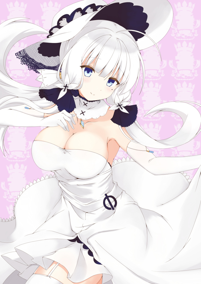 1girl absurdres ahoge armlet armpits azur_lane bangs bare_shoulders blue_eyes blush breasts choker cleavage closed_mouth collarbone cowboy_shot dress dress_lift elbow_gloves eyebrows_visible_through_hair floating_hair garter_straps gloves hair_ornament hair_ribbon hat head_tilt highres illustrious_(azur_lane) lace-trimmed_hat large_breasts long_hair looking_at_viewer low_twintails mamizu mole mole_under_eye ribbon sapphire_(stone) smile solo strapless strapless_dress sun_hat thigh-highs thighs tress_ribbon twintails white_dress white_gloves white_hair white_hat