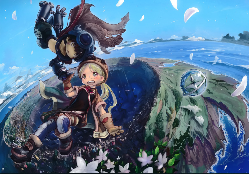 1boy 1girl absurdres blonde_hair blue_eyes blush brown_hair day feathers flower flying glasses gloves hat highres island long_hair looking_at_another made_in_abyss official_art open_mouth outdoors petals regu_(made_in_abyss) riko_(made_in_abyss) scan short_hair sky smile star_compass tsukushi_akihito twintails whistle whistle_around_neck yellow_eyes