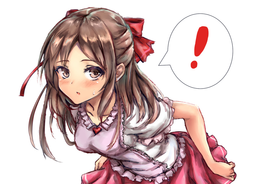 ! 1girl amagi_(amagi626) blush bow brown_eyes brown_hair collarbone cowboy_shot hair_bow leaning_forward looking_at_viewer original pink_skirt red_bow short_sleeves simple_background skirt solo spoken_exclamation_mark white_background