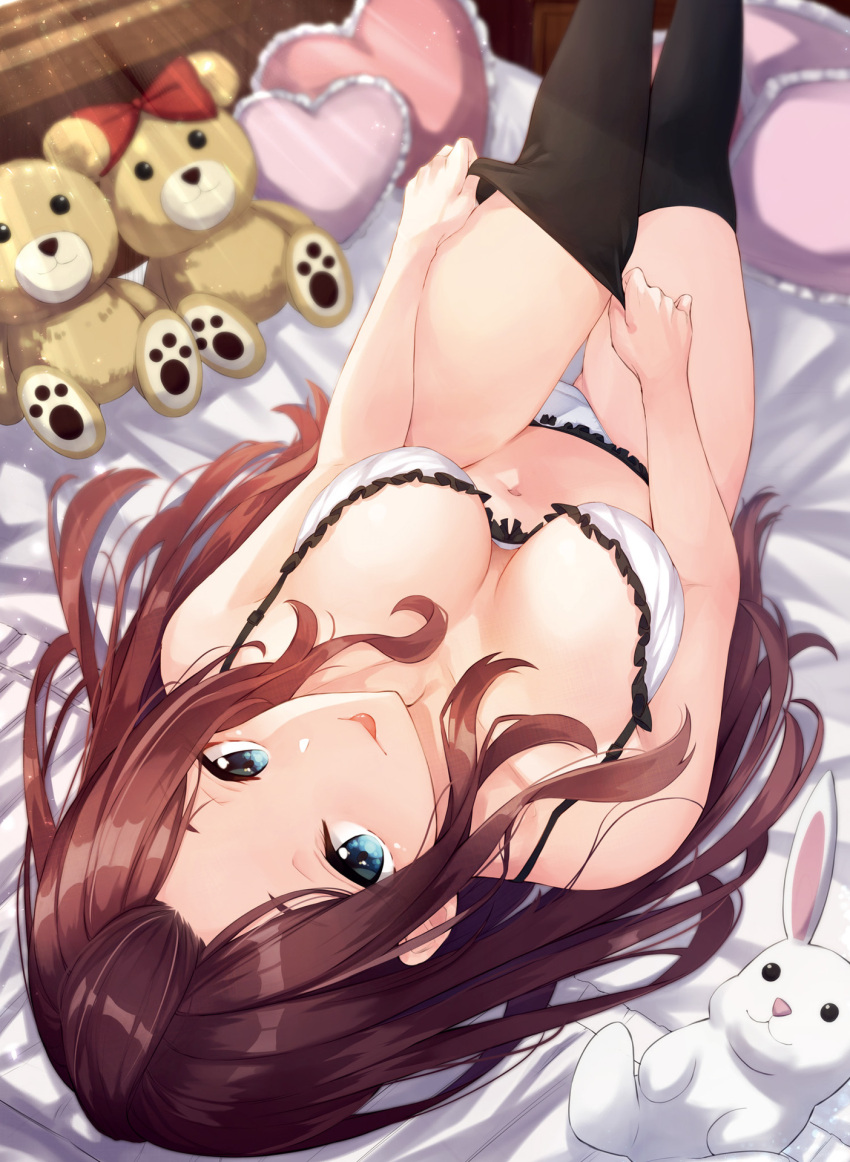 1girl :p anza_tomo ass_visible_through_thighs bangs black_legwear blue_eyes bra breasts brown_hair dengeki_moeou dressing highres indoors long_hair looking_at_viewer looking_up medium_breasts navel on_bed panties parted_bangs sitting smile solo stuffed_animal stuffed_toy sunlight thigh-highs thighhighs_pull tongue tongue_out underwear underwear_only upside-down white_bra white_panties