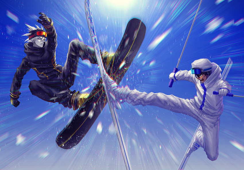 2018_winter_olympics 2boys alternate_costume arjuna_(fate/grand_order) black_gloves black_hair black_jacket black_pants blue_sky boots brothers dark_skin dark_skinned_male fate/grand_order fate_(series) fighting gloves goggles goggles_on_head jacket karna_(fate) male_focus multiple_boys olympics pants siblings skis sky snow snowboard spiky_hair sun white_gloves white_hair white_jacket white_pants white_skin yatsuki_(ranoidel)