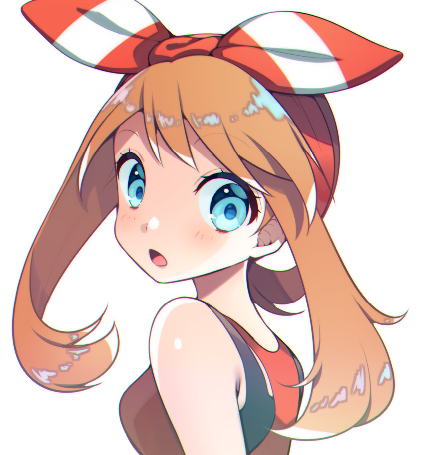 1girl blue_eyes brown_hair hair_ribbon haruka_(pokemon) haruka_(pokemon)_(remake) highres long_hair looking_at_viewer looking_back open_mouth pokemon pokemon_(game) pokemon_oras red_shirt ribbon shiny shiny_hair shirt simple_background sleeveless sleeveless_shirt solo striped striped_ribbon twintails upper_body white_background yuihiko