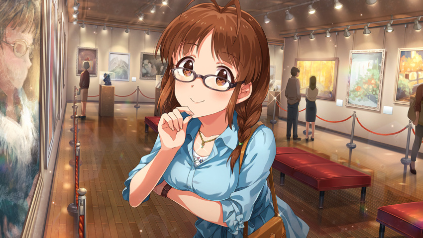 akizuki_ritsuko blush brown_eyes brown_hair character_name dress idolmaster idolmaster_million_live! idolmaster_million_live!_theater_days long_hair smile twin_braids