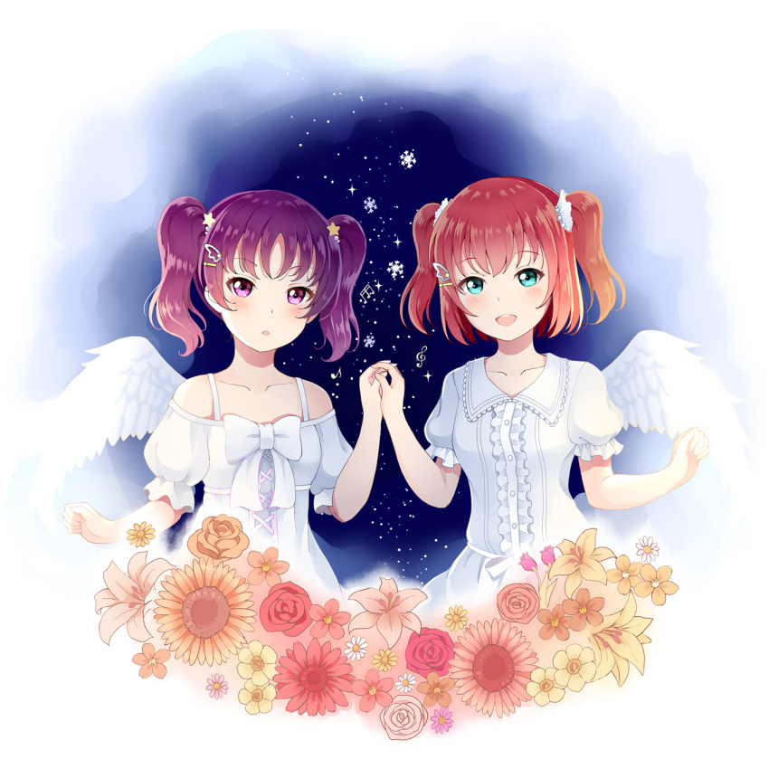 2girls :o alternate_costume angel_wings aqua_eyes arm_up bare_shoulders beamed_sixteenth_notes blue_background collarbone daisy dress eighth_note eyebrows_visible_through_hair feathered_wings flower gradient gradient_background hair_ornament hair_scrunchie hairclip hands_together highres interlocked_fingers kazuno_leah kurosawa_ruby light_particles lily_(flower) looking_at_viewer love_live! love_live!_sunshine!! multiple_girls musical_note off_shoulder open_mouth orange_flower orange_rose puffy_short_sleeves puffy_sleeves purple_hair red_flower red_rose redhead rose scrunchie shikakiax short_sleeves single_wing snowflakes star star_hair_ornament treble_clef two_side_up upper_body violet_eyes white_dress wings