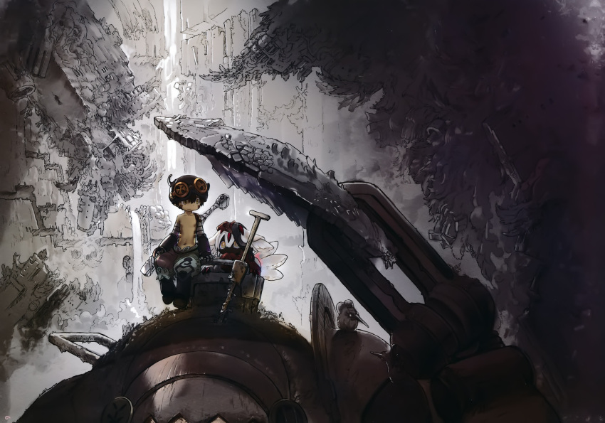 1boy 1girl absurdres bare_shoulders black_skin brown_eyes brown_hair collarbone faputa furry helmet highres looking_at_another made_in_abyss navel partially_colored regu_(made_in_abyss) short_hair sitting tsukushi_akihito