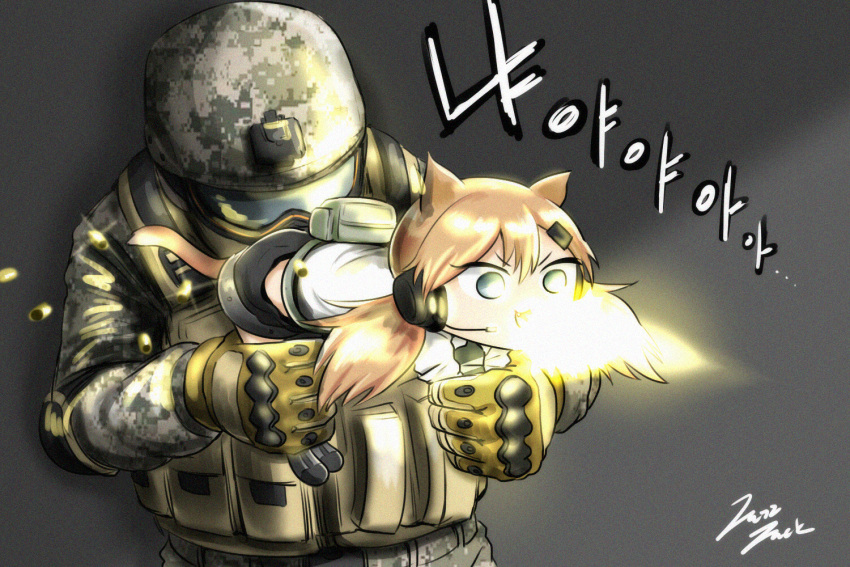 1boy 1girl :3 :d ammunition_pouch animal_ears bangs black_footwear black_shorts boots brown_gloves bulletproof_vest casing_ejection cat_ears cat_girl cat_tail chibi commentary covered_eyes digital_camouflage elbow_pads fang firing girls_frontline gloves grey_background grey_eyes hair_between_eyes hair_ornament hairclip hands_up headset helmet helmet_over_eyes holding idw_(girls_frontline) jazzjack knee_boots korean long_hair long_sleeves military military_uniform muzzle_flash open_mouth orange_hair parted_bangs pouch shell_casing shirt short_shorts short_twintails shorts signature simple_background smile sound_effects standing tail translation_request twintails unconventional_gun uniform v-shaped_eyebrows visor white_shirt