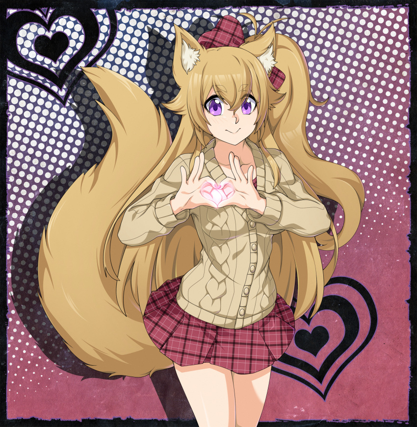 1girl animal_ears aran_sweater blush borrowed_character bow breasts cardigan commentary commission dog_ears dog_tail english_commentary eyebrows_visible_through_hair glowing hair_bow heart heart_hands highres light_brown_hair long_hair looking_at_viewer original plaid plaid_bow plaid_shirt plaid_skirt polka_dot polka_dot_background shirt short_eyebrows skirt small_breasts solo spike_wible standing sweater tail unmoving_pattern violet_eyes
