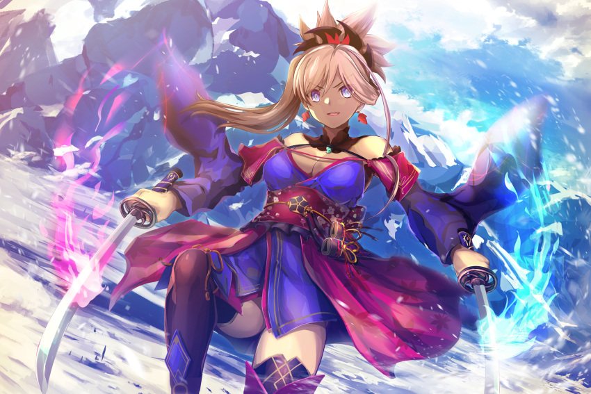 1girl bare_shoulders black_legwear blue_eyes blue_kimono blue_sky breasts clouds detached_sleeves dual_wielding earrings eyebrows_visible_through_hair fate/grand_order fate_(series) hair_between_eyes hair_ornament highres holding holding_sword holding_weapon ice japanese_clothes jewelry katana kimono large_breasts long_hair looking_at_viewer miyamoto_musashi_(fate/grand_order) mountain obi open_mouth pink_hair ponytail samoore sash short_kimono sky snow solo standing sword thigh-highs thighs tied_hair weapon wide_sleeves