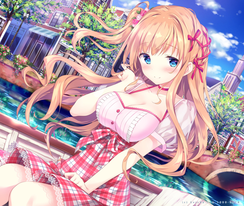 1girl bangs blue_eyes blue_sky blush boat bow braid breasts bridge building choker cleavage closed_mouth clouds collarbone day eyebrows_visible_through_hair flower hair_bow hair_flower hair_ornament hair_ribbon hand_on_lap hand_up high-waist_skirt highres kimishima_ao lace lace-trimmed_choker lace-trimmed_skirt lamppost large_breasts light_brown_hair long_hair looking_at_viewer one_side_up original outdoors pink_choker pink_flower pink_rose pink_shirt plaid plaid_bow plaid_skirt puffy_short_sleeves puffy_sleeves red_bow red_flower red_ribbon red_rose ribbon river rose saijo_melia shirt short_sleeves sitting skirt sky smile solo tower tree very_long_hair water watercraft