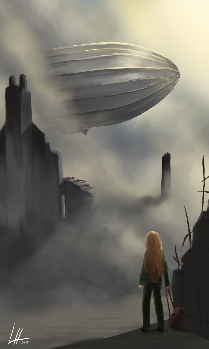 1girl absurdres aircraft airship backpack backpack_removed bag blonde_hair chimney commentary dated day dirigible english_commentary facing_away fog from_behind full_body green_pants green_shirt highres lamiho long_hair long_sleeves original outdoors pants ruins shirt signature solo standing water zeppelin