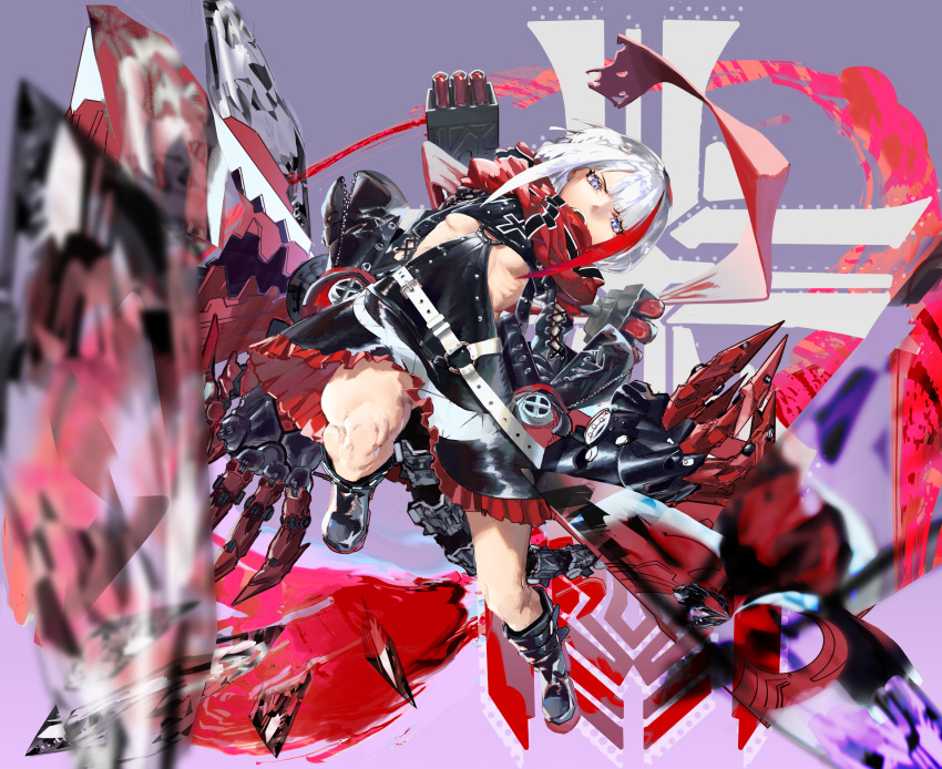 1girl admiral_graf_spee_(azur_lane) azur_lane bangs belt belt_buckle black_dress black_footwear blue_eyes boots breasts buckle claws dress highres iron_cross looking_at_viewer machinery medium_breasts multicolored_hair open_mouth red_neckwear red_scarf redhead revealing_clothes scarf short_hair sidelocks silver_hair solo streaked_hair tail tok under_boob white_belt