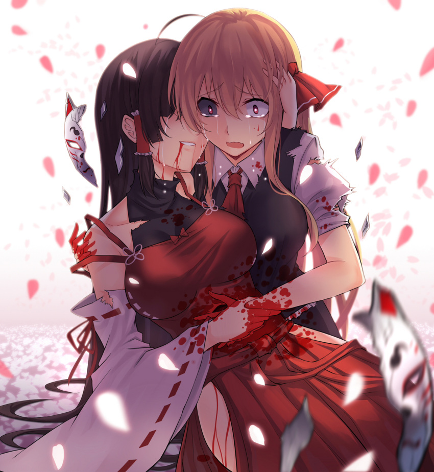 2girls ascot black_hair black_sclera blonde_hair blood blood_from_mouth blood_on_face bloody_hands breasts chinese_commentary collared_shirt commentary_request crying crying_with_eyes_open detached_sleeves eyebrows_visible_through_hair fox_mask hair_between_eyes hair_tubes highres injury koissa large_breasts leaning_back long_hair long_sleeves mask multiple_girls petals red_eyes red_neckwear red_ribbon red_skirt ribbon ribbon-trimmed_sleeves ribbon_trim rumia sendai_hakurei_no_miko shirt sitting skirt smile sobbing tears torn_clothes torn_shirt touhou turtleneck very_long_hair vest white_background white_shirt wide_sleeves wing_collar