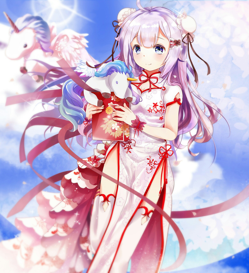 1girl ahoge alicorn animal azur_lane black_ribbon blue_sky blush box bun_cover china_dress chinese_clothes closed_mouth clouds commentary_request day double_bun dress fisheye flying highres holding holding_box horns mutang ocean outdoors pelvic_curtain purple_hair ribbon short_sleeves side_bun sky solo standing standing_on_one_leg stuffed_animal stuffed_pegasus stuffed_toy stuffed_unicorn sun sunlight thigh-highs unicorn_(azur_lane) violet_eyes water white_dress white_legwear