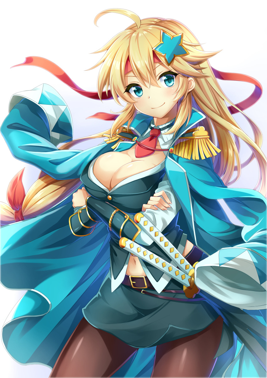 1girl absurdres belt black_legwear blonde_hair blue_eyes blue_jacket blue_skirt breasts cleavage cowboy_shot epaulettes goryoukaku_(oshiro_project) hachimaki hair_ornament headband highres jacket jacket_on_shoulders kanna_(chaos966) large_breasts long_hair looking_at_viewer low-tied_long_hair midriff navel oshiro_project oshiro_project_re pantyhose pencil_skirt red_headband simple_background skirt smile solo star star_hair_ornament very_long_hair white_background