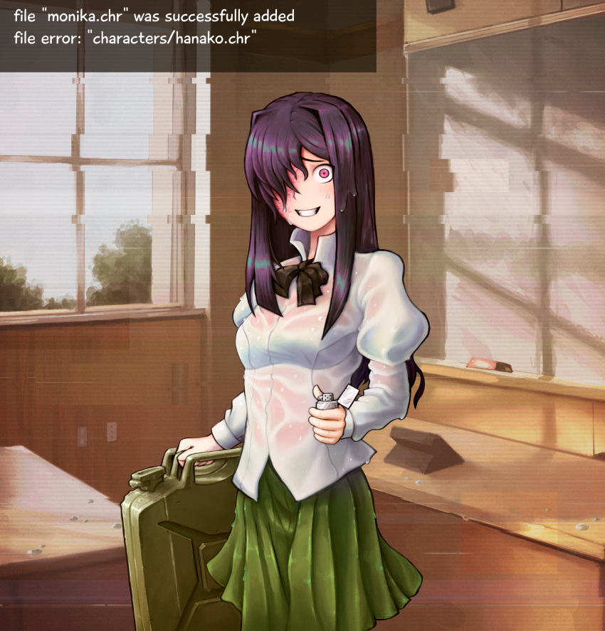 1girl absurdres black_neckwear bow bowtie burn_scar canister classroom constricted_pupils crazy_eyes crossover doki_doki_literature_club gasoline glitch green_skirt grin hair_over_one_eye highres holding_lighter ikezawa_hanako indoors juliet_sleeves katawa_shoujo lighter long_hair long_sleeves looking_at_viewer parody protey84 puffy_sleeves purple_hair scar school_uniform see-through shirt skirt smile solo style_parody trait_connection violet_eyes wet wet_clothes wet_hair wet_shirt white_shirt window yuri_(doki_doki_literature_club)