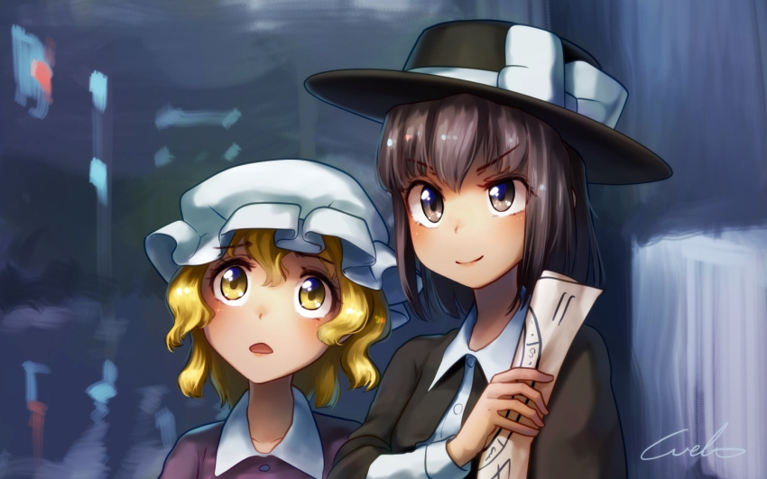 2girls blonde_hair blush brown_hair closed_mouth commentary_request hat maribel_hearn multiple_girls open_mouth short_hair touhou usami_renko welt_(kinsei_koutenkyoku) yellow_eyes