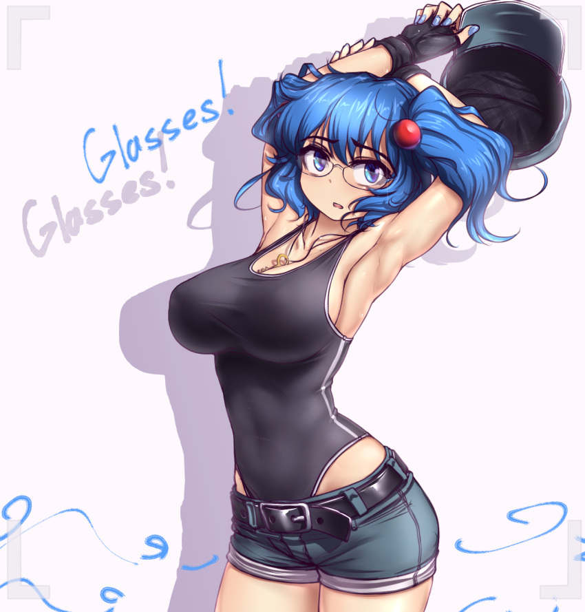 1girl alternate_costume arm_up armpits arms_up bangs bare_arms belt bespectacled black_gloves black_swimsuit blue_eyes blue_hair blue_nails breasts cleavage competition_swimsuit cowboy_shot english eyebrows_visible_through_hair fingerless_gloves fingernails glasses gloves hair_ornament hat hat_removed hater_(hatater) headwear_removed highres jewelry kawashiro_nitori key large_breasts looking_at_viewer nail_polish necklace one-piece_swimsuit rimless_eyewear shiny shiny_skin short_shorts shorts simple_background solo sweat swimsuit swimsuit_under_clothes touhou two_side_up viewfinder white_background