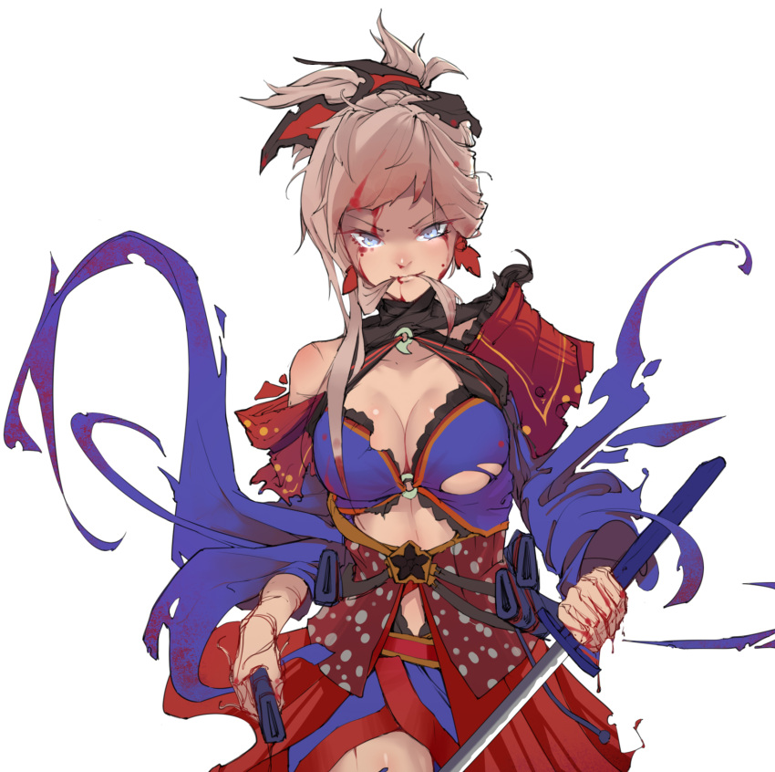1girl after_battle asymmetrical_hair bangs bare_shoulders battle blood blood_on_face blood_stain bloody_clothes bloody_hair bloody_hands blue_eyes blue_kimono breasts cleavage detached_sleeves di_yi_xing_zian dual_wielding earrings eyebrows_visible_through_hair fate/grand_order fate_(series) hair_in_mouth hair_ornament highres holding holding_sheath holding_sword holding_weapon japanese_clothes jewelry katana kimono large_breasts looking_at_viewer miyamoto_musashi_(fate/grand_order) navel_cutout obi pink_hair ponytail sash sheath short_kimono sleeveless sleeveless_kimono solo sword torn_clothes unsheathed weapon wide_sleeves