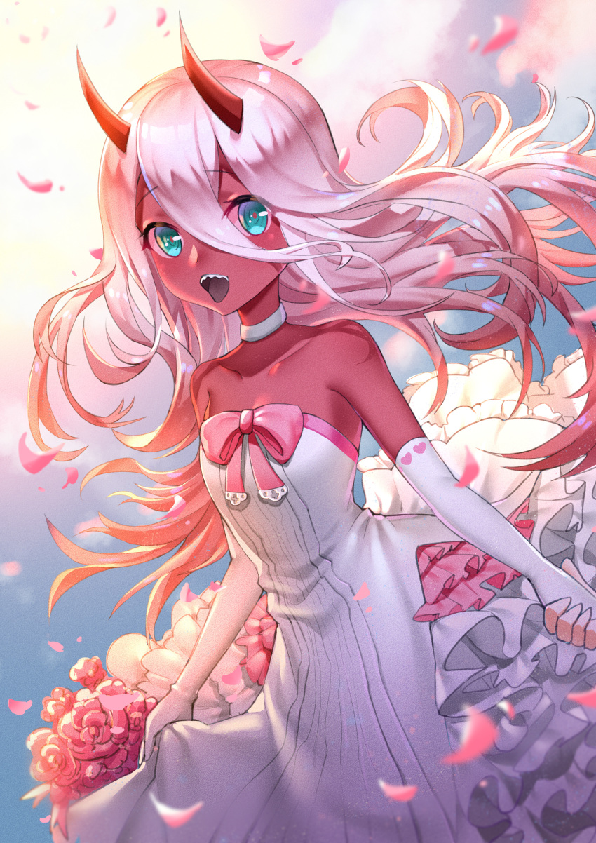 1girl absurdres bare_shoulders boku_koyuki_mx bow bride child choker clouds darling_in_the_franxx dress flower green_eyes hair_between_eyes highres horns looking_at_viewer open_mouth petals pink_bow red_skin sky solo user_fnjr4733 white_choker white_dress zero_two_(darling_in_the_franxx)