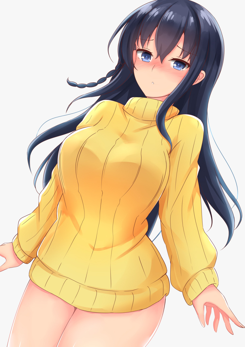 1girl black_hair blue_eyes blush braid breasts commentary_request cowboy_shot grey_background highres karuba_(therace) kohiruimaki_karen large_breasts looking_at_viewer ribbed_sweater simple_background single_braid solo sweater sword_art_online sword_art_online_alternative:_gun_gale_online turtleneck turtleneck_sweater yellow_sweater