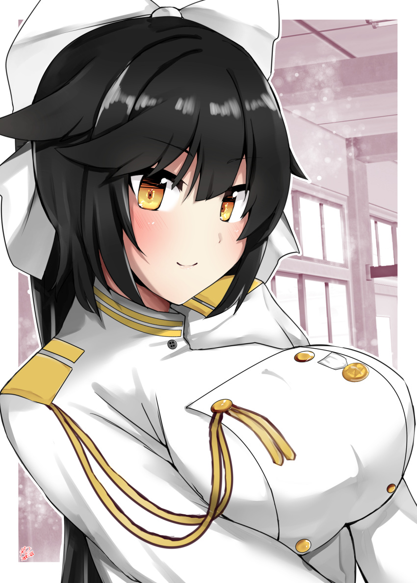 1girl 2018 absurdres aiguillette animal_ears azur_lane bangs black_hair blush bow breasts buttons chiru_(218mg) closed_mouth dated dog_ears eyebrows eyebrows_visible_through_hair hair_bow highres large_breasts long_sleeves looking_at_viewer medal military military_uniform outline ponytail smile solo takao_(azur_lane) uniform upper_body white_bow white_outline yellow_eyes