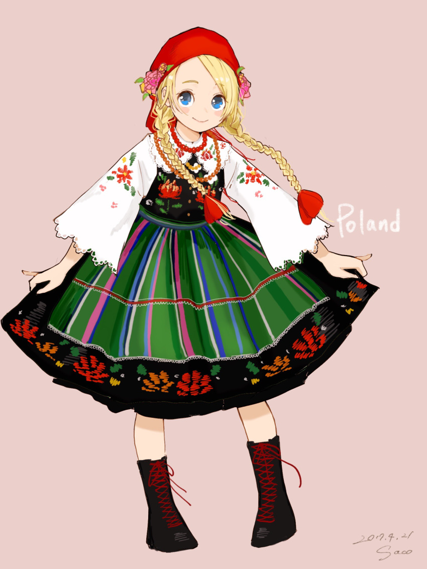 1girl blonde_hair blue_eyes blush_stickers boots braid colorful dated full_body head_scarf highres jewelry leaning_forward long_sleeves looking_at_viewer necklace original pearl_necklace pigeon-toed pink_background polish polish_clothes sako_(user_ndpz5754) signature simple_background skirt_hold smile solo standing traditional_clothes twin_braids