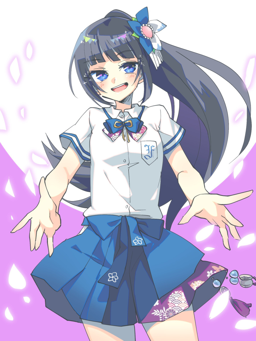 1girl absurdres aihara_yachiyo_(artist) aoi_ch. bangs black_hair blue_eyes blue_skirt blunt_bangs blush commentary fuji_aoi hakama_skirt highres looking_at_viewer miniskirt mole mole_under_eye open_mouth outstretched_hand petals ponytail school_uniform skirt smile solo virtual_youtuber