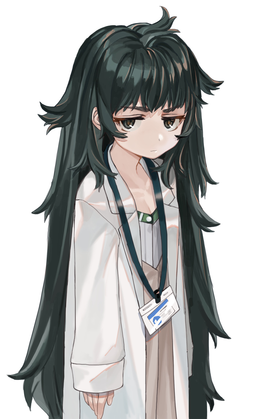 1girl arms_at_sides bangs brown_eyes closed_mouth expressionless green_hair half-closed_eyes highres hiyajou_maho id_card labcoat long_hair looking_at_viewer luicent open_clothes shiny shiny_hair shirt simple_background solo steins;gate straight_hair thick_eyebrows upper_body v-shaped_eyebrows very_long_hair white_background white_shirt