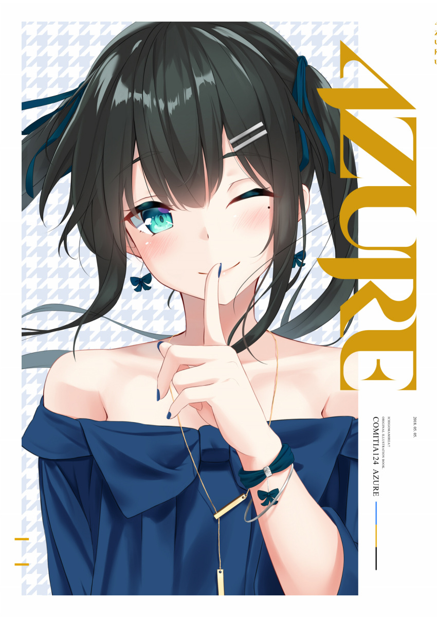 1girl ;) animal_ears bangle bangs black_bow blue_nails blue_ribbon blue_shirt blush bow bow_earrings bracelet closed_mouth collarbone comitia eyebrows_visible_through_hair finger_to_mouth hair_ribbon hand_up head_tilt highres index_finger_raised jewelry long_hair looking_at_viewer mirea mole mole_under_eye nail_polish necklace off-shoulder_shirt one_eye_closed original patterned_background ribbon shirt shushing sidelocks smile solo twintails