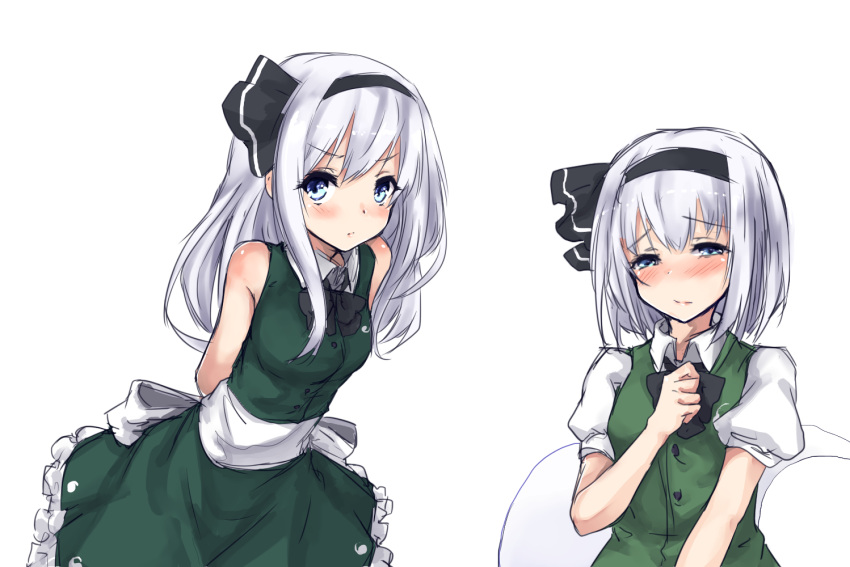 2girls adapted_costume alternate_hair_length alternate_hairstyle amagi_(amagi626) arms_behind_back bare_arms bare_shoulders black_bow black_hairband black_neckwear black_ribbon blue_eyes blush bow breasts commentary_request dual_persona eyebrows_visible_through_hair green_skirt green_vest hair_ribbon hairband hand_on_own_chest hitodama konpaku_youmu konpaku_youmu_(ghost) leaning_forward long_hair looking_at_viewer medium_breasts multiple_girls neck_bow petticoat puffy_short_sleeves puffy_sleeves ribbon short_hair short_sleeves silver_hair simple_background skirt sleeveless touhou upper_body vest white_background wing_collar