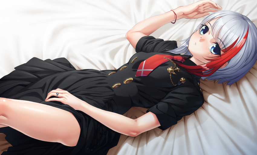 1girl admiral_graf_spee_(azur_lane) azur_lane bangs bed_sheet black_dress blue_eyes blush breasts buttons dress eyebrows_visible_through_hair haraguro_jakku highres jewelry looking_at_viewer lying medium_breasts multicolored_hair necktie on_back red_neckwear ring shiny shiny_skin short_hair short_sleeves sidelocks silver_hair solo streaked_hair thighs