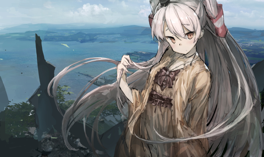 1girl alternate_costume amatsukaze_(kantai_collection) arm_behind_back blush breasts brown_eyes cardigan casual choker closed_mouth clouds collarbone dock dress eyebrows_visible_through_hair floating_hair hair_tubes hairband holding holding_hair jewelry kantai_collection long_hair looking_at_viewer mountainous_horizon necklace ocean open_cardigan open_clothes outdoors ph. scenery silver_hair small_breasts smokestack_hair_ornament solo two_side_up very_long_hair water wind wind_lift windsock