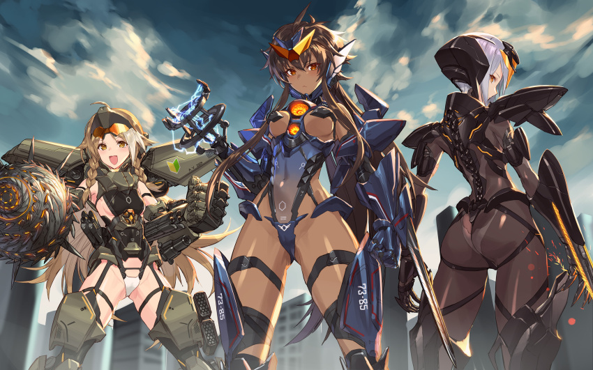 3girls :d ass ass_visible_through_thighs bodysuit bracer_phoenix braid breasts brown_eyes brown_hair covered_navel dark_skin day from_behind from_below garter_straps gauntlets gipsy_avenger greaves headgear highres leotard long_hair looking_back low_ponytail medium_breasts multicolored_hair multiple_girls obsidian_fury open_mouth orange_eyes outdoors pacific_rim pacific_rim:_uprising personification profile short_hair sidelocks sigm@ silver_hair sky smile streaked_hair thigh-highs thigh_strap twin_braids under_boob very_long_hair visor