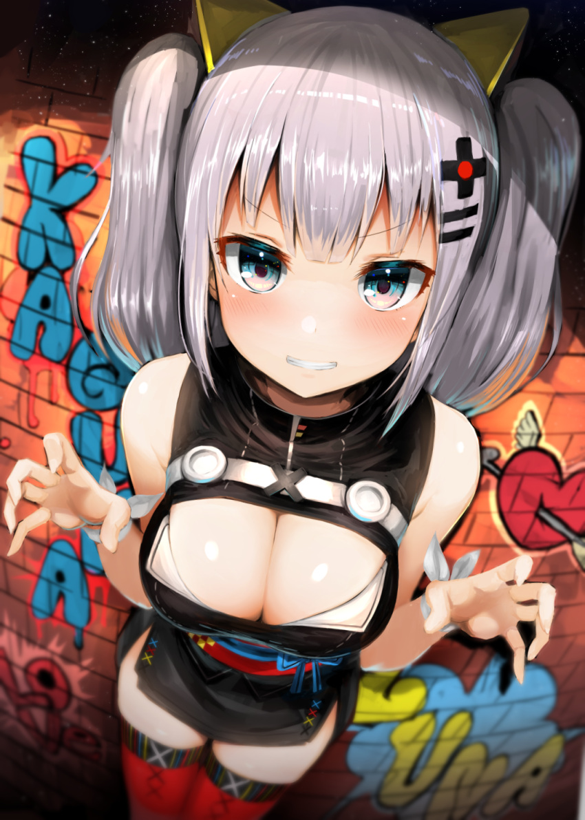 1girl arrow arrow_through_heart bangs bare_shoulders black_dress blue_eyes blush breasts brick_wall character_name claw_pose cleavage cleavage_cutout commentary copyright_name dress dutch_angle eyebrows_visible_through_hair fisheye from_above gao graffiti greatmosu grin hair_ornament hairclip hands_up heart highres kaguya_luna kaguya_luna_(character) large_breasts long_hair looking_at_viewer obi pelvic_curtain red_legwear sash short_dress sidelocks silver_hair sleeveless sleeveless_dress smile solo teeth thigh-highs twintails v-shaped_eyebrows virtual_youtuber x_hair_ornament