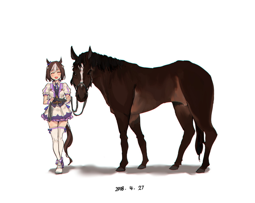 1girl animal_ears animalization brown_hair closed_eyes dated dual_persona frilled_skirt frills horse horse_ears horse_tail miyajo multicolored_hair open_mouth pleated_skirt real_life reins school_uniform short_hair simple_background skirt special_week tail thigh-highs two-tone_hair umamusume white_background white_legwear